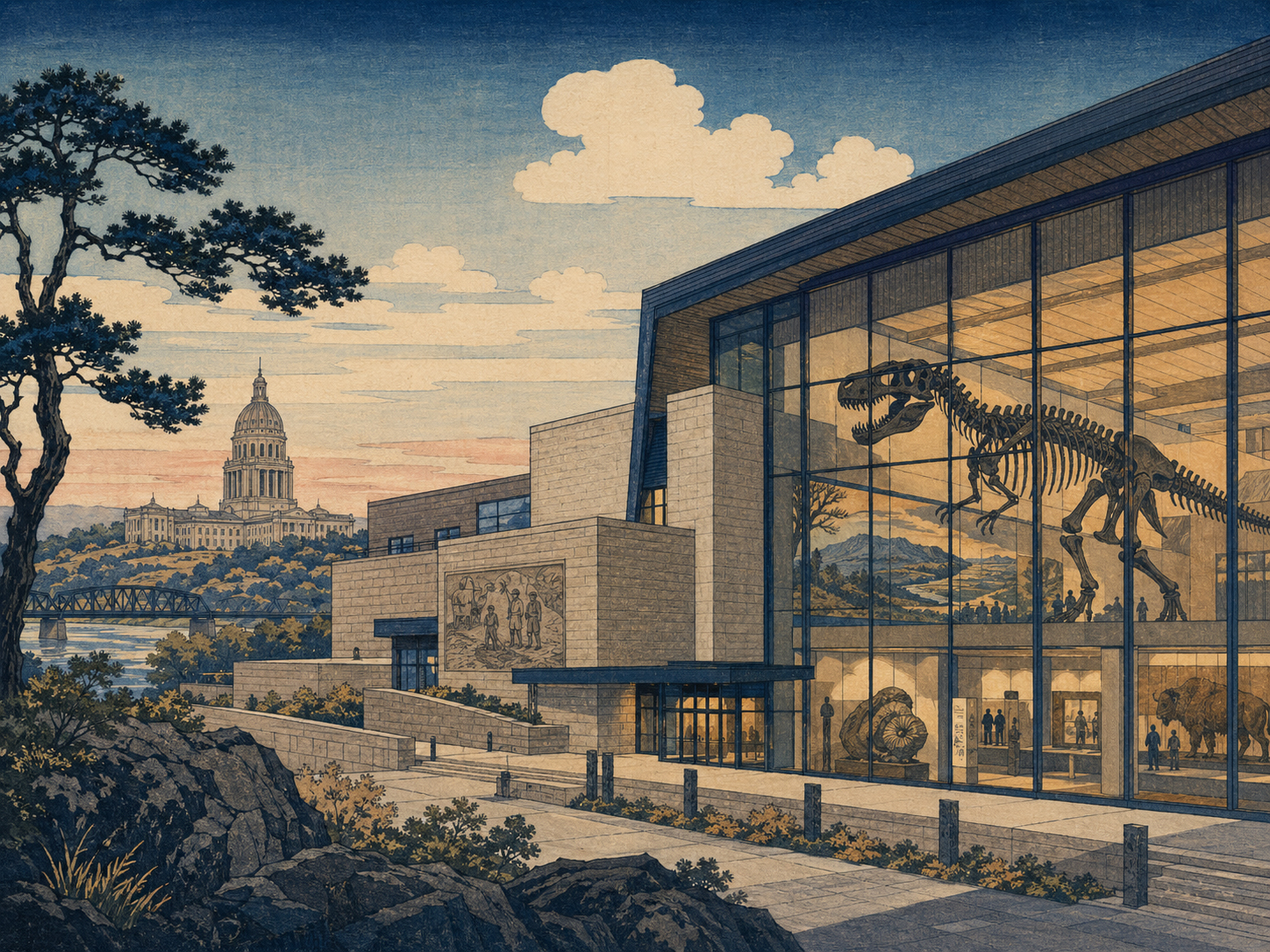 North Dakota Heritage Centerの州史展示をイメージした木版画風イメージ