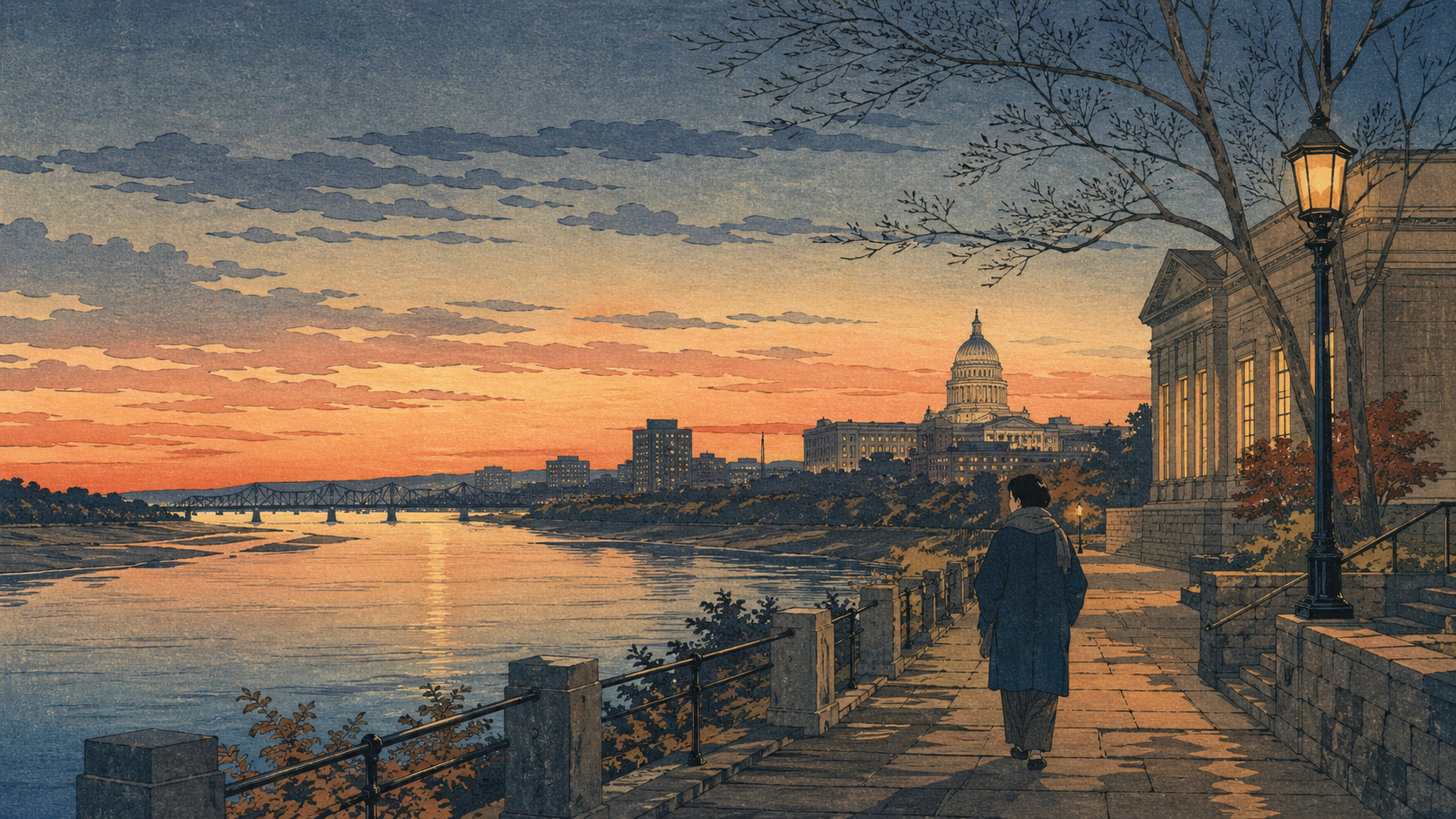 North Dakota Heritage Centerを訪れた後のBismarck、Missouri Riverの夕暮れ