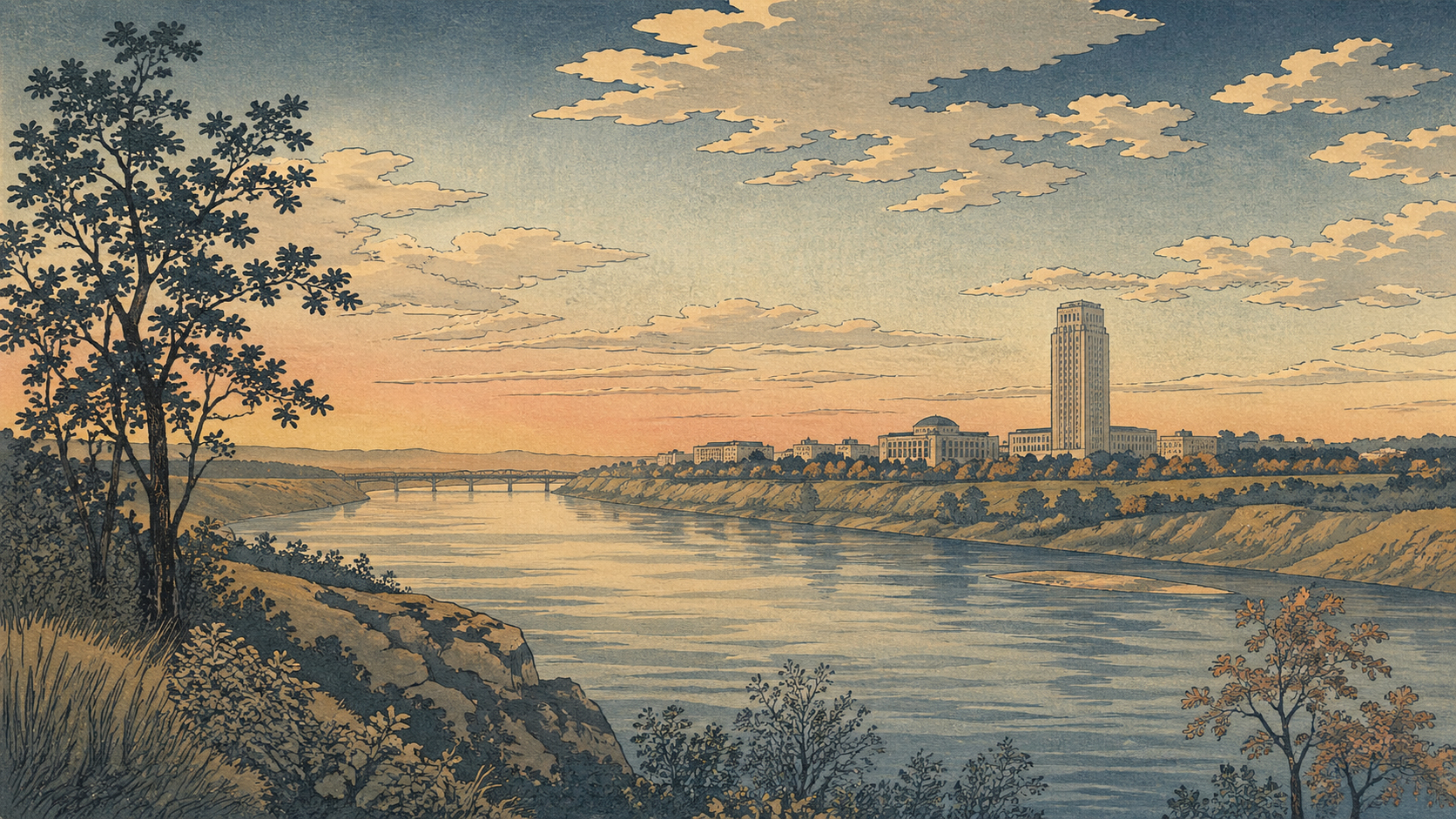 Bismarckの州会議事堂、Missouri River、Mandanの岸辺を描いた日本の木版画風イメージ
