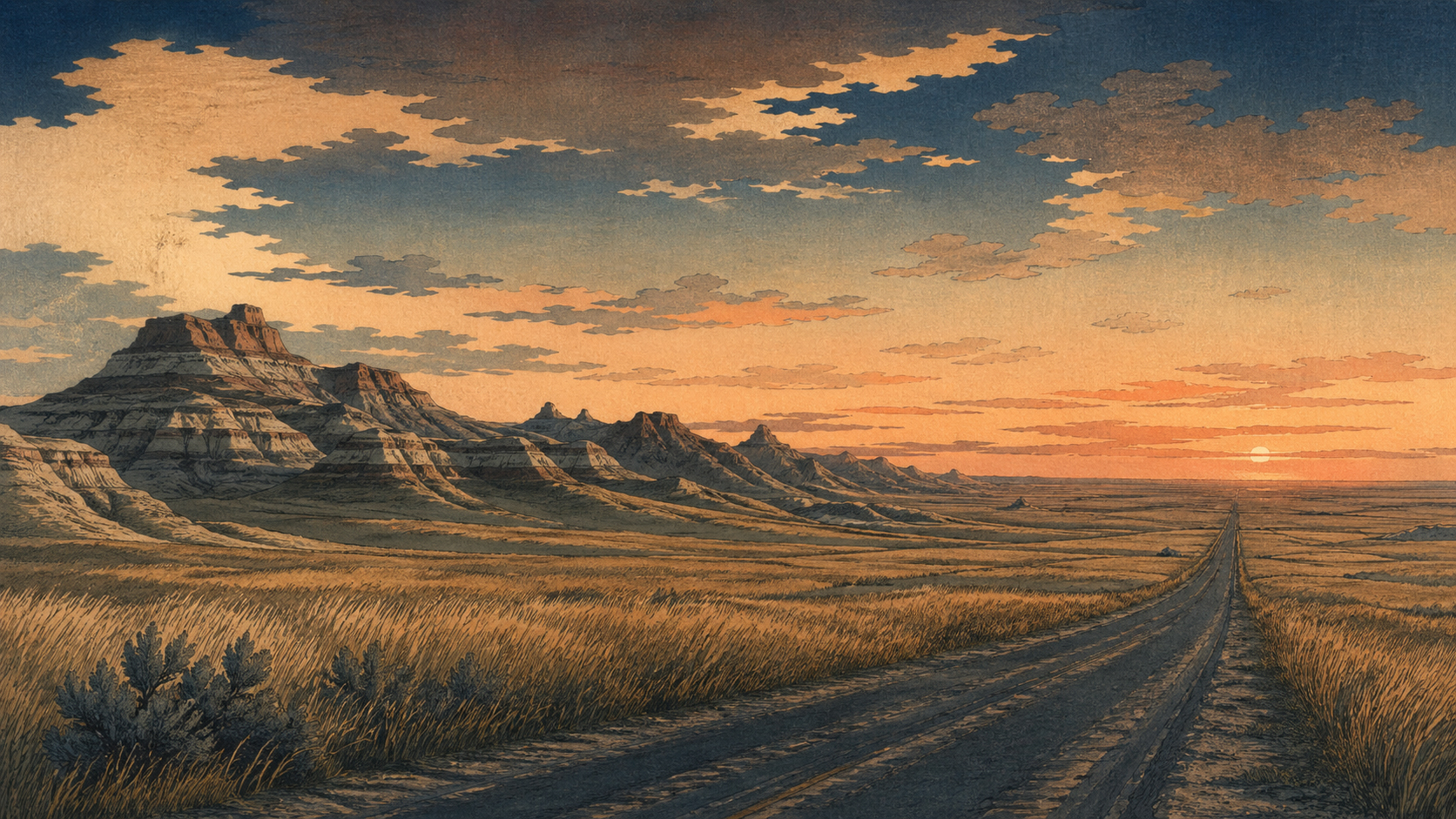 Badlandsを過ぎた夕方の道、ノースダコタの大きな空