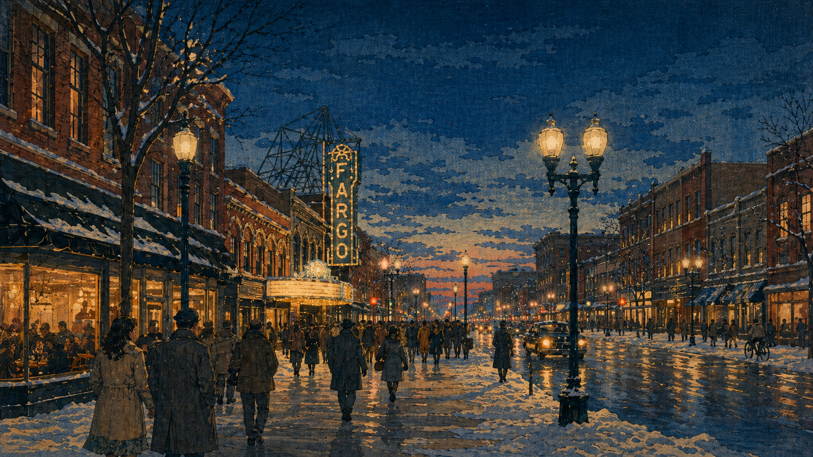 Fargo Theatreの後、Broadwayの夜を歩く旅人を描いた日本の木版画風イメージ