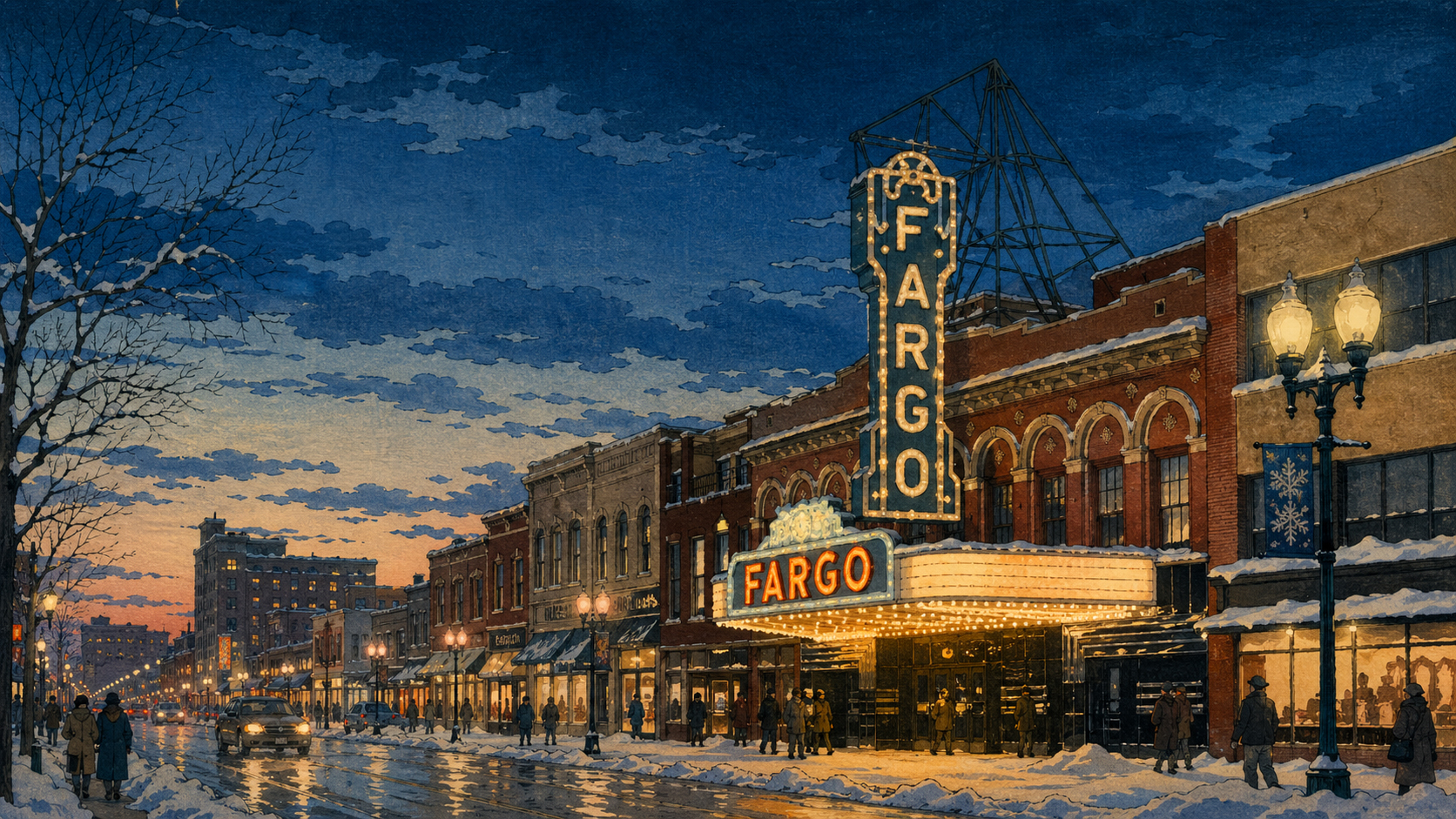 冬のFargo Theatre、Broadwayの灯り、レンガ造りのダウンタウンを描いた日本の木版画風イメージ