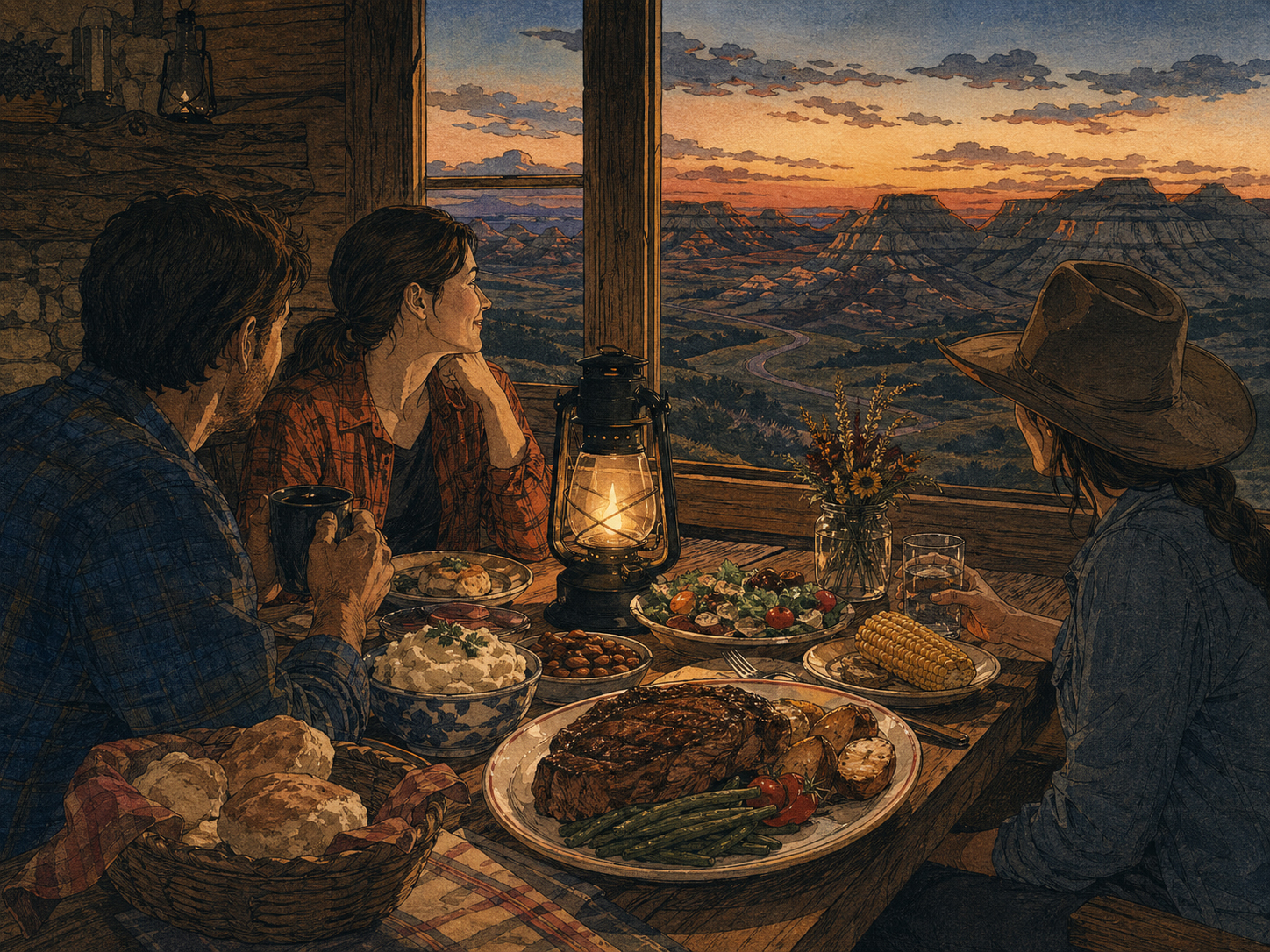 Badlandsの旅の後、夕方のテーブルに並ぶノースダコタの食事