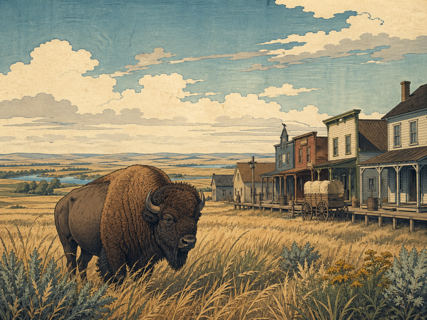 JamestownのバイソンとFrontier Villageをイメージした木版画風イメージ